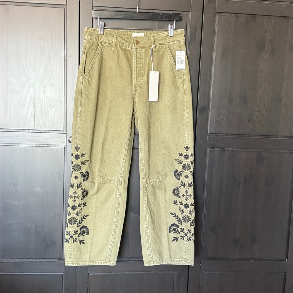 DRIFTWOOD Jeans Pants Barbara Barrel 100% Cotton Green Embroidery  size 27 - Picture 2 of 7
